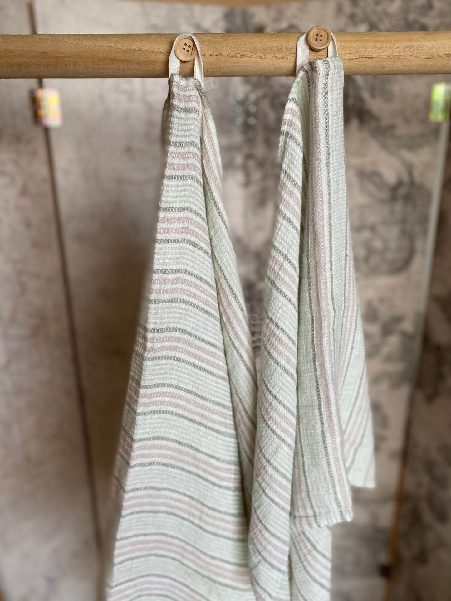 100% Linen Waffle Towel – Off-White, Antique Green & Ash Grey