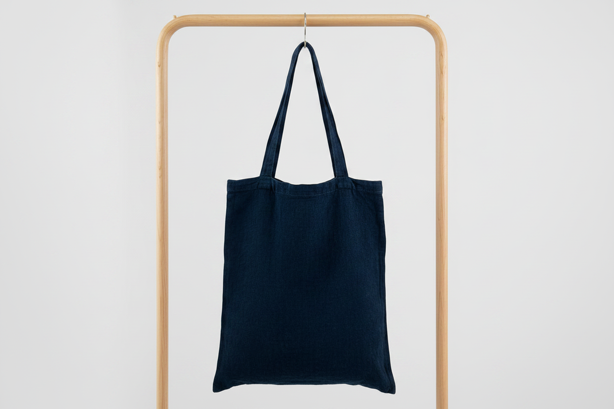 Linen bag on light wood rack