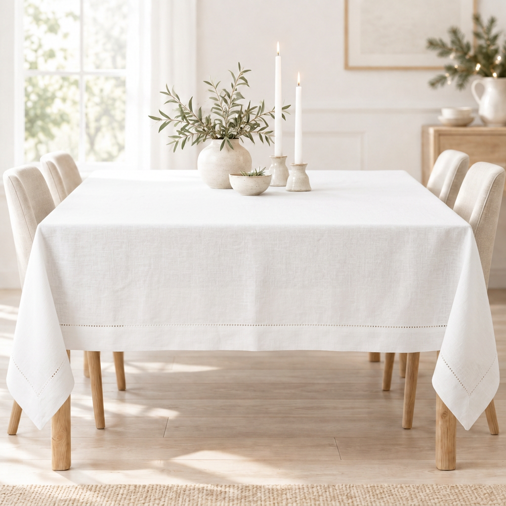 Close-up of the hemstitched border and woven texture of a white linen tablecloth.