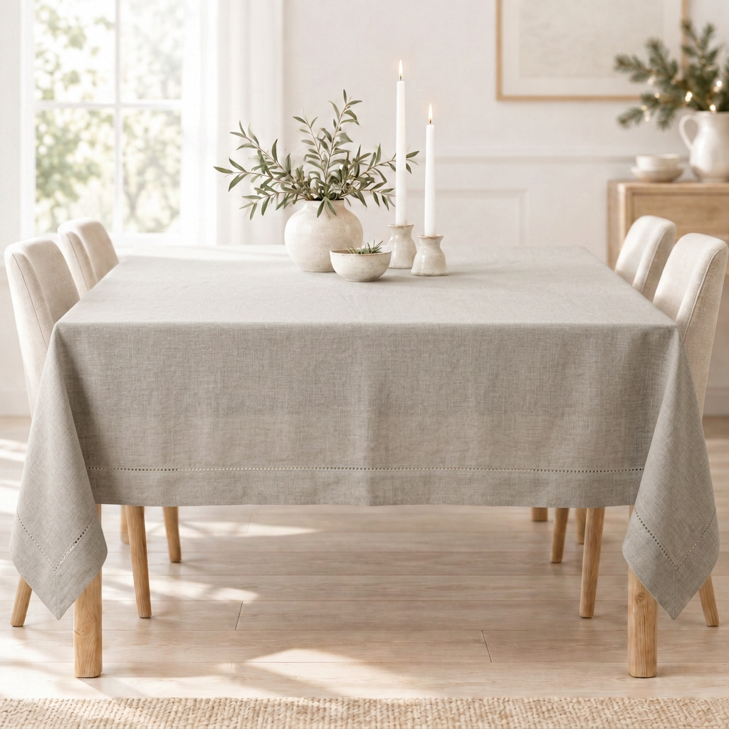 Undyed natural linen tablecloth with a hemstitched border on a dining table styled with candles and greenery.