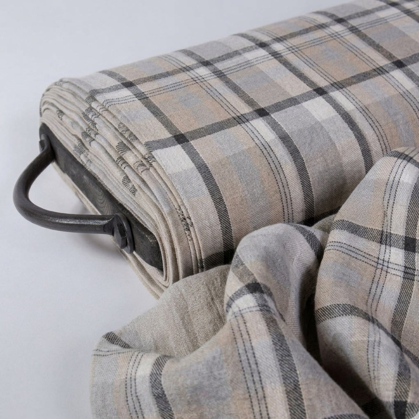 Heavy Linen Fabric — Checked Light & Dark Grey, Washed