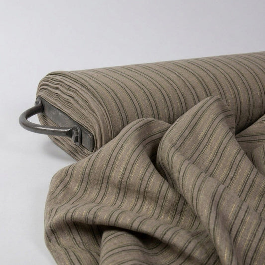 Washed Linen Fabric — Brown-Green Stripes | Heavyweight