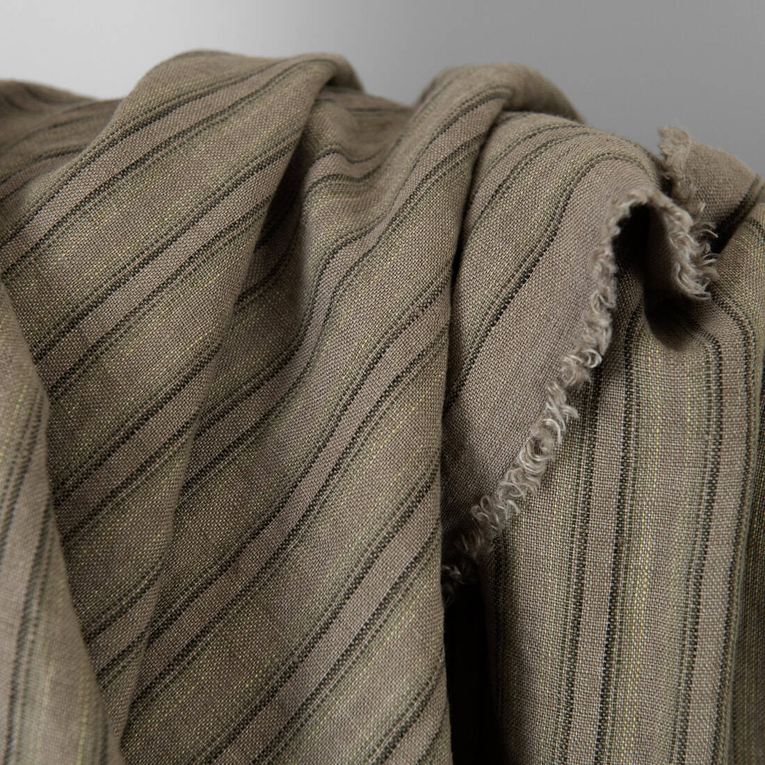 Washed Linen Fabric — Brown-Green Stripes | Heavyweight