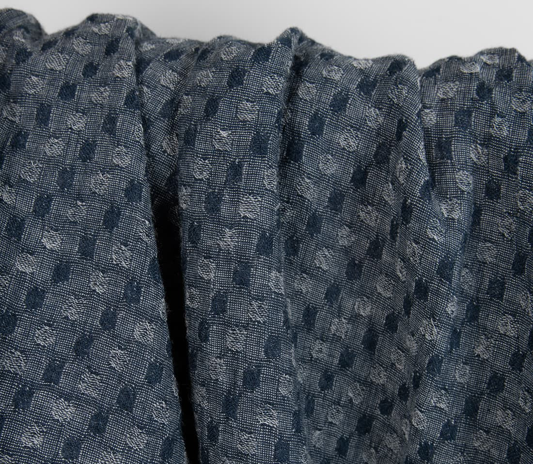 Linen Wool Fabric – Washed Blue-Black Bubble Jacquard