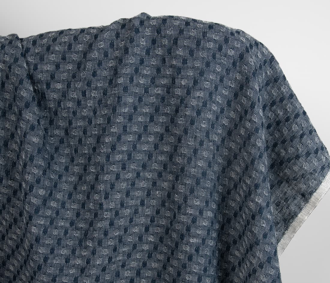 Linen Wool Fabric – Washed Blue-Black Bubble Jacquard