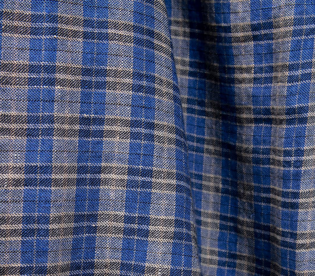 Linen Wool Fabric – Blue and Grey Checks, Washed
