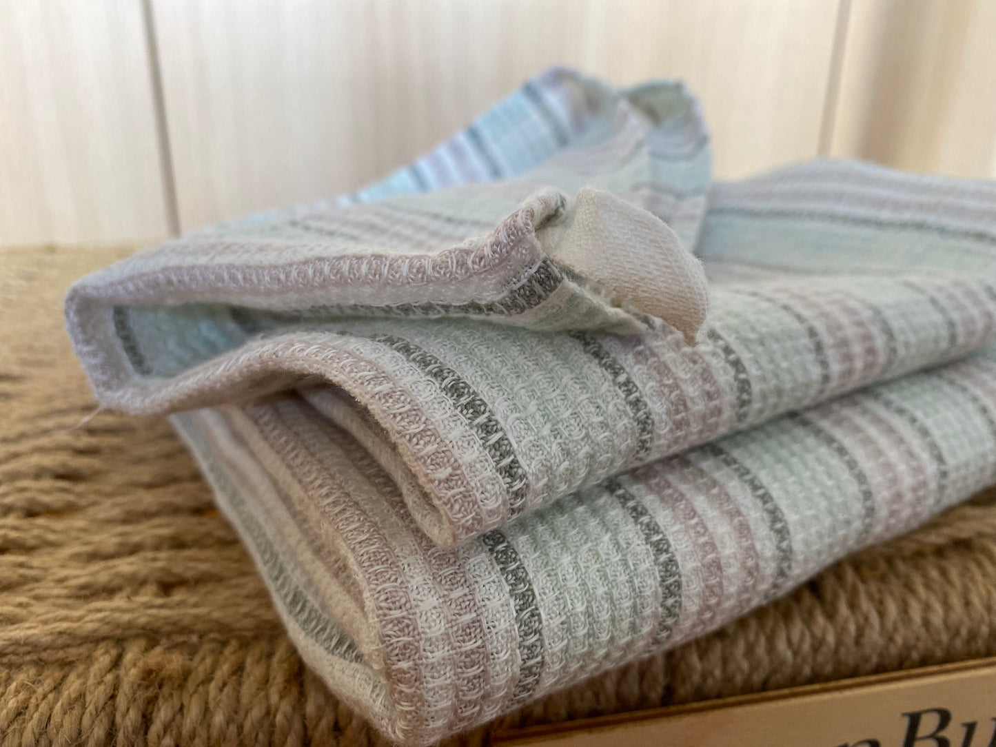 100% Linen Waffle Towel – Off-White, Antique Green & Ash Grey
