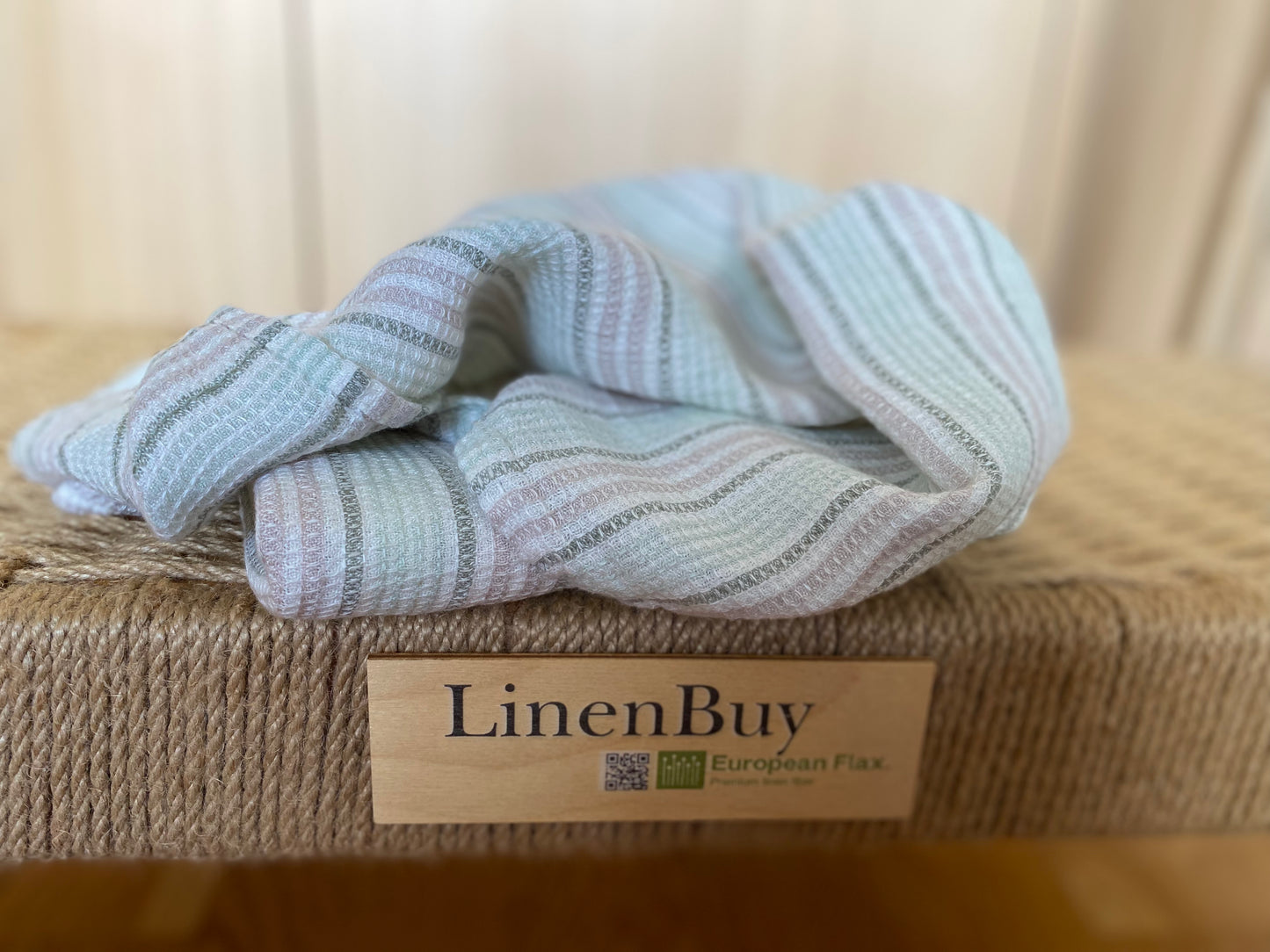 100% Linen Waffle Towel – Off-White, Antique Green & Ash Grey