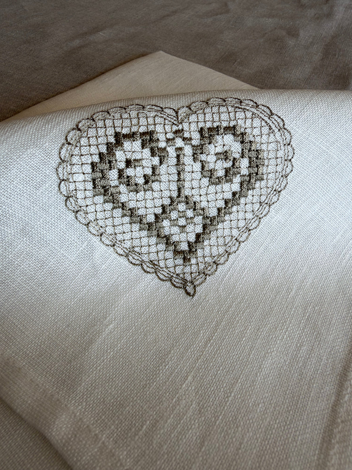 Off-White Linen Napkin with Heart Embroidery