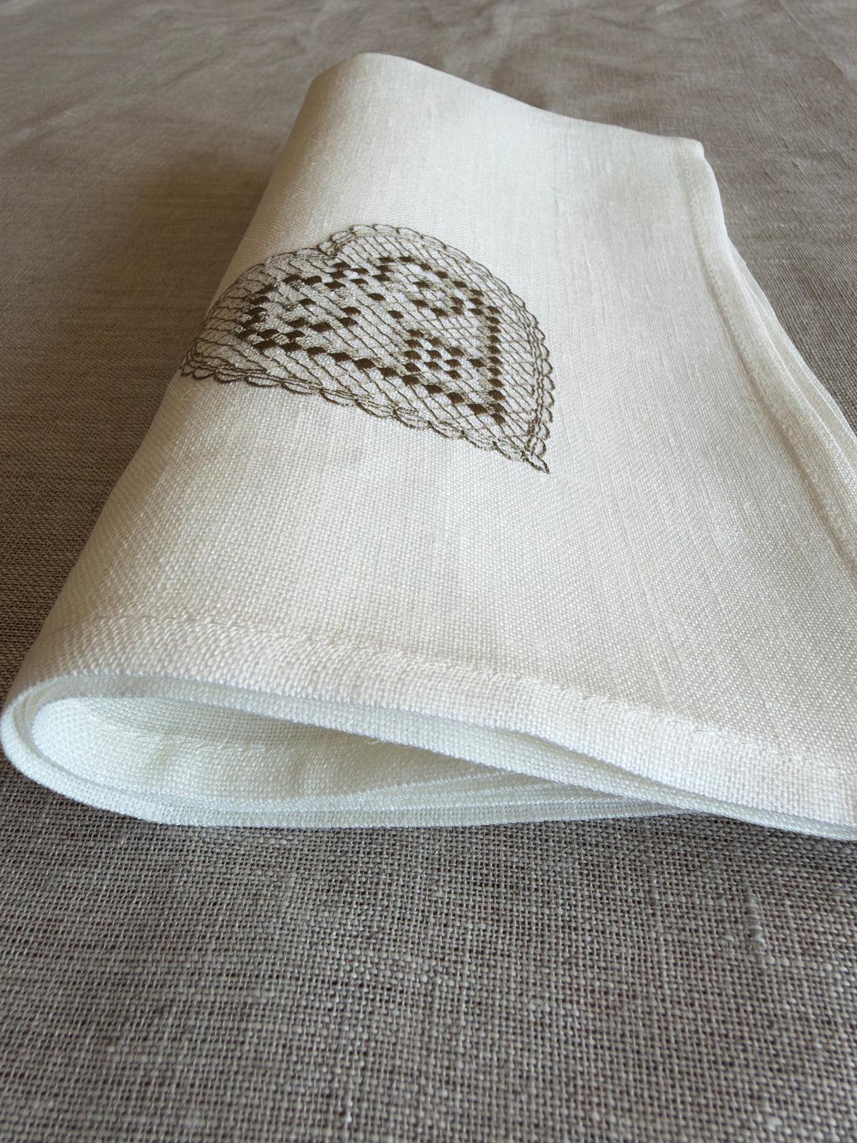 Off-White Linen Napkin with Heart Embroidery