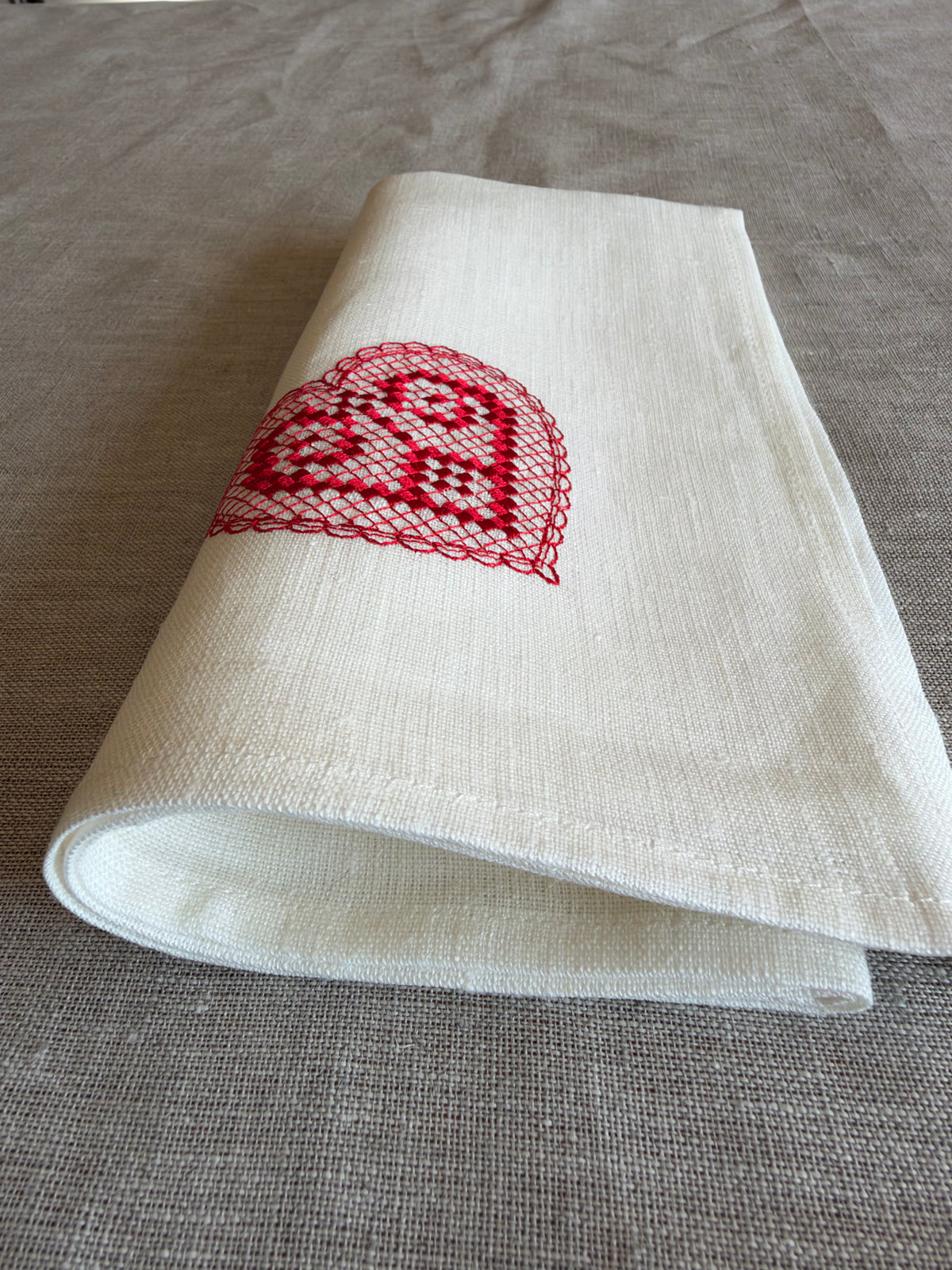Off-White Linen Napkin with Heart Embroidery