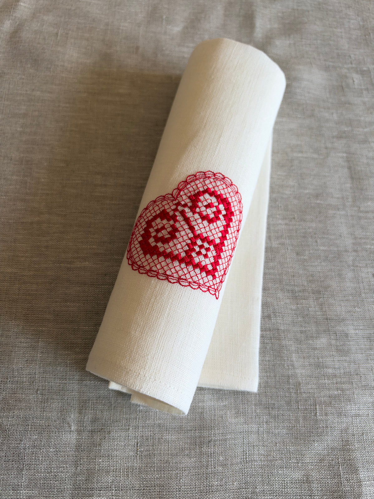 Off-White Linen Napkin with Heart Embroidery