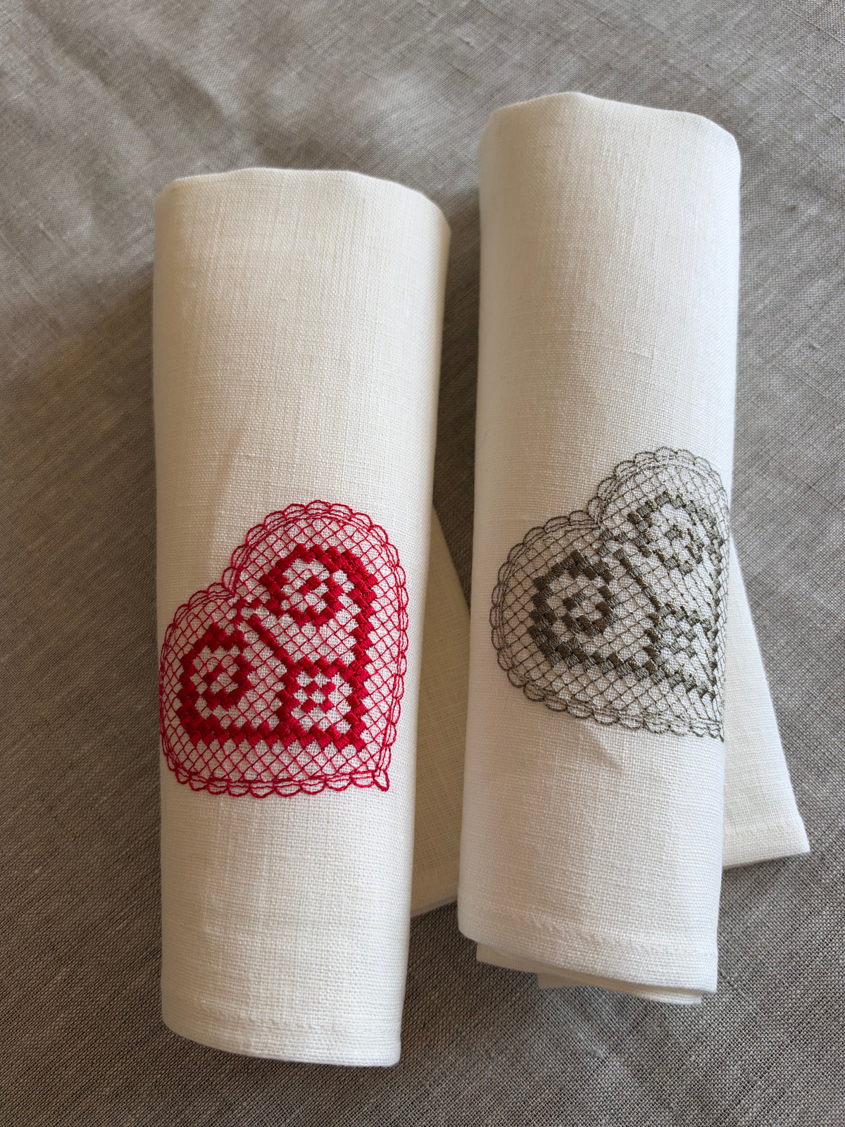 Off-White Linen Napkin with Heart Embroidery