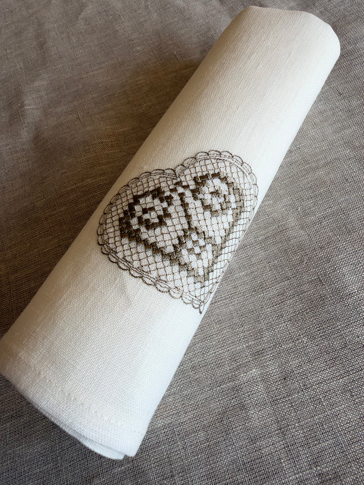 Off-White Linen Napkin with Heart Embroidery