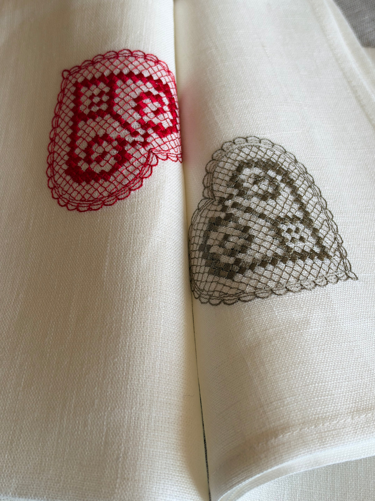 Off-White Linen Napkin with Heart Embroidery