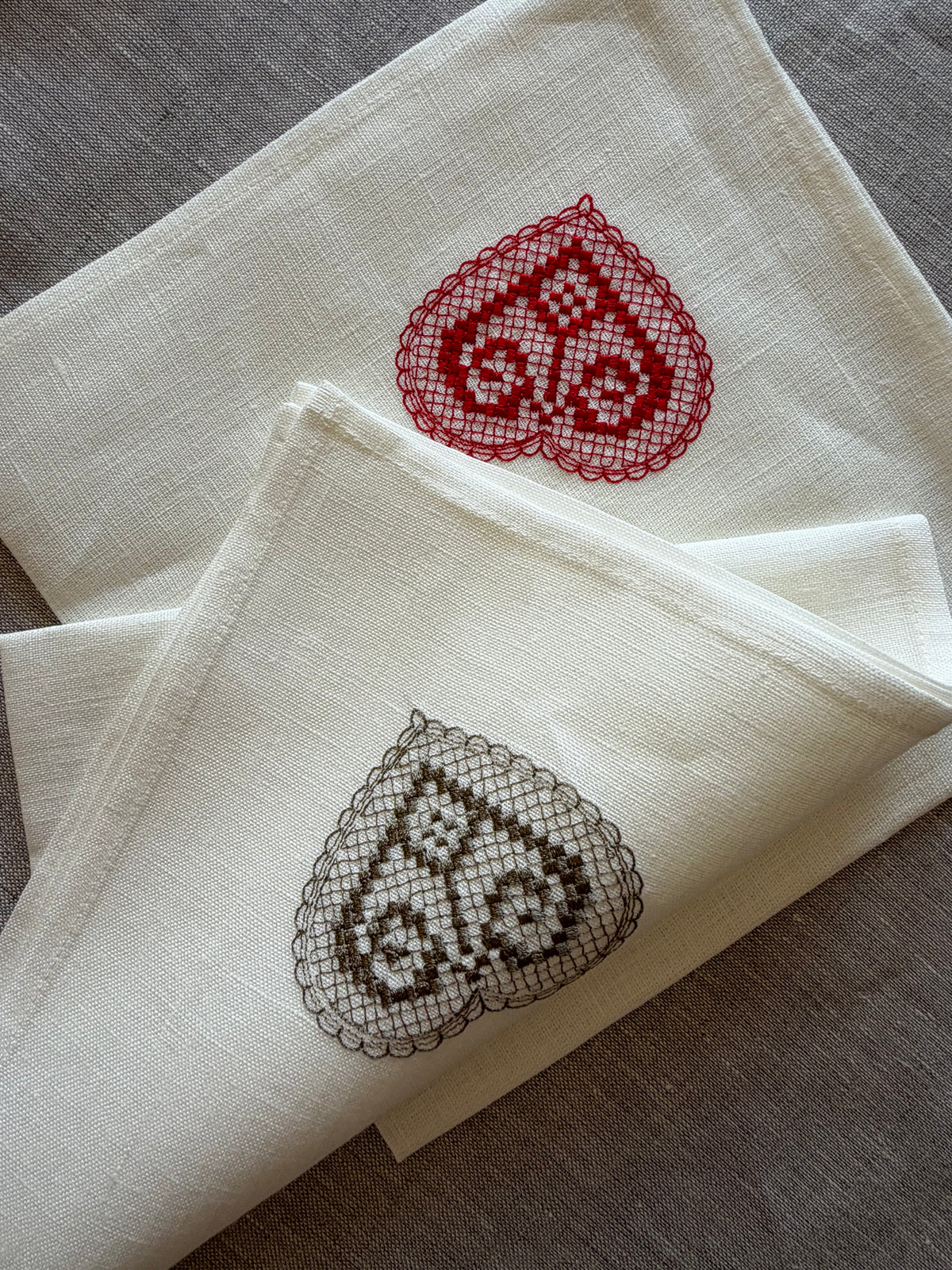 Off-White Linen Napkin with Heart Embroidery