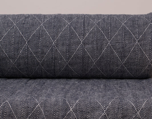 Diamond Washed Linen Fabric, Heavyweight - Navy Blue & White