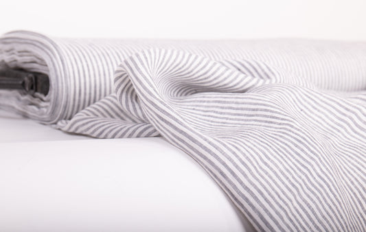 Off-White Grey Striped Linen Fabric - Lightweight European Flax
