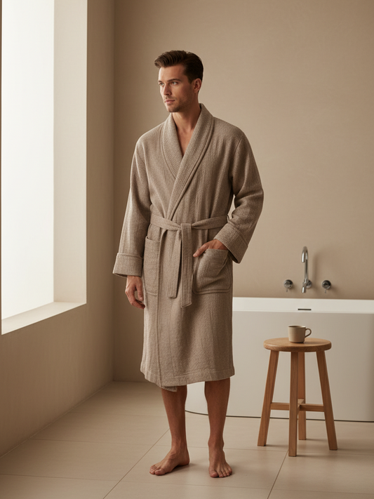 Man wearing a beige waffle linen bathrobe in a bright bathroom