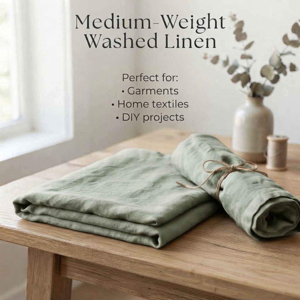 Folded and rolled sage green washed linen fabric displayed on a wooden table in a softly lit room, with text reading 'Medium-Weight Washed Linen' and 'Perfect for: Garments, Home textiles, DIY projects.'.