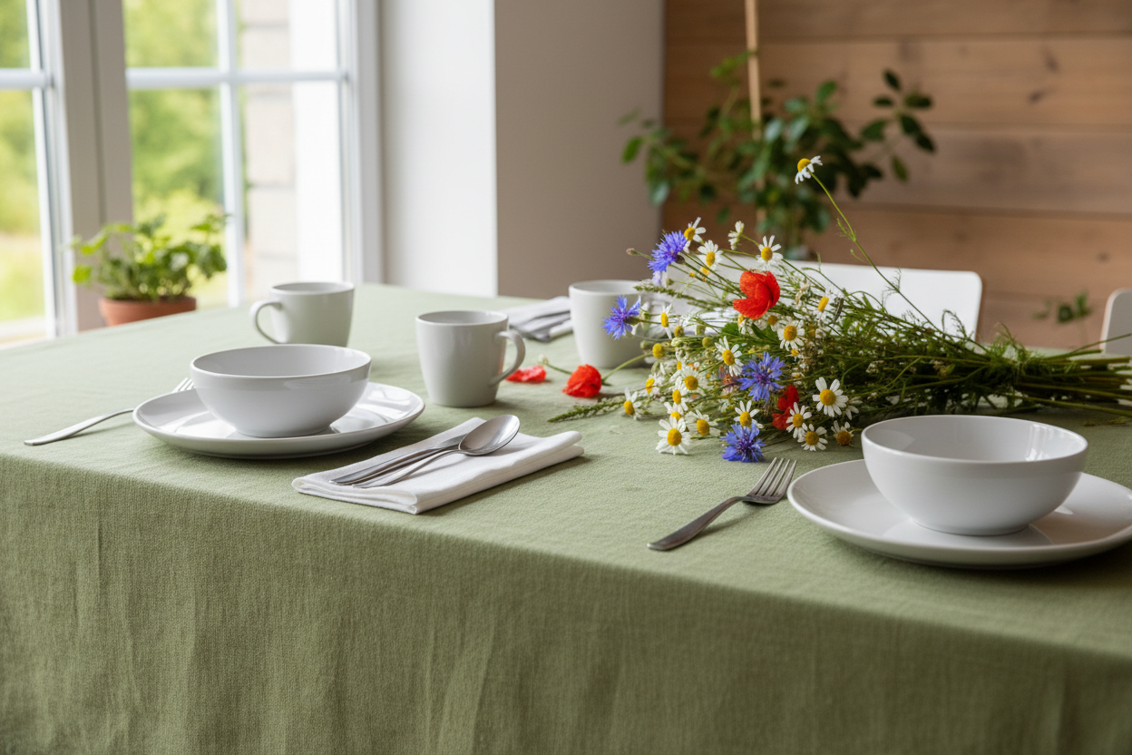 Fern Green Linen su vasaros gėlėmis