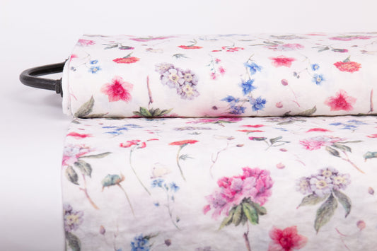 Linen Fabric Azaleas Edelweiss Marigolds | Off-White Base