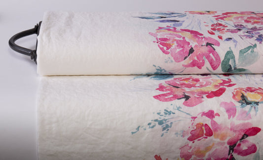 Linen Fabric Watercolor Rose | Off-White Base