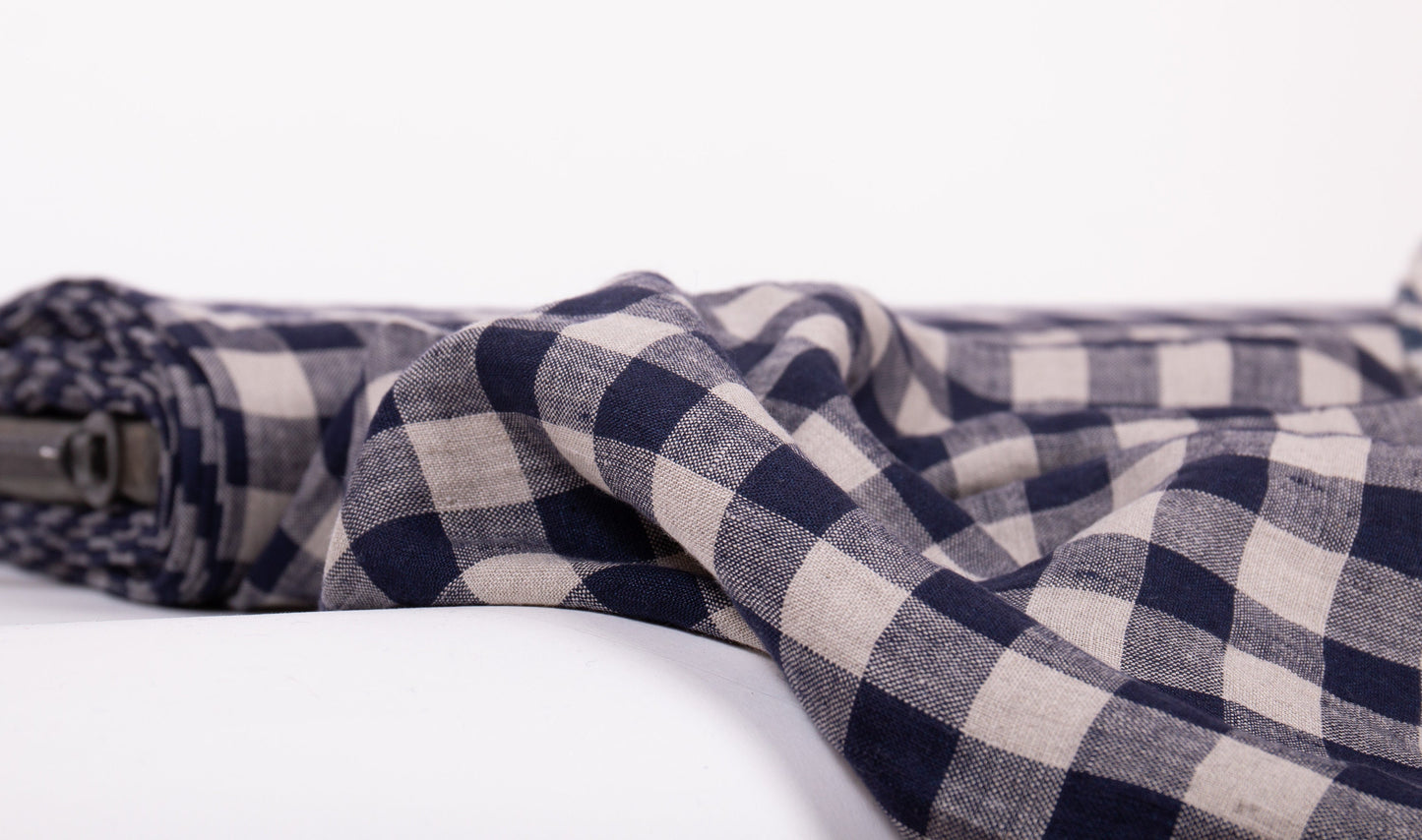 Navy Blue Gingham Linen Fabric (200 gsm)