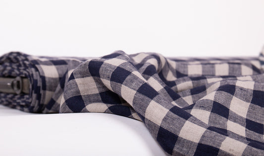 Navy Blue Gingham Linen Fabric (200 gsm)