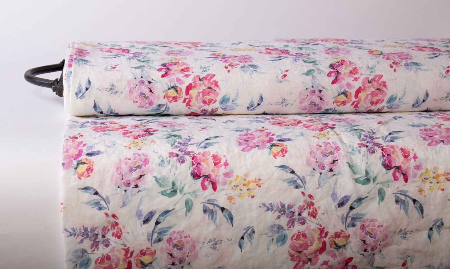 Roses Bouquet Linen Fabric