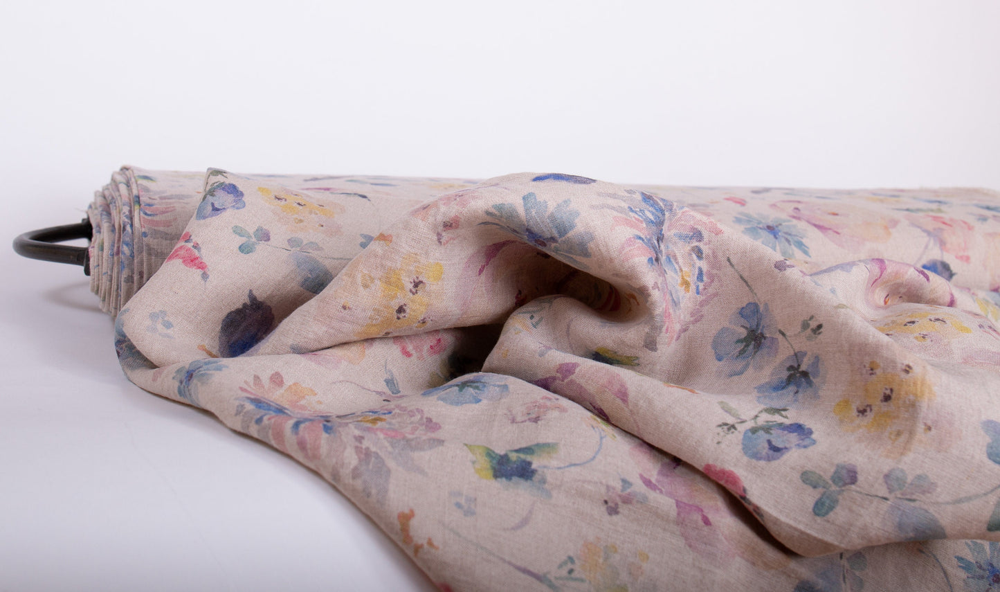 Linen Fabric Vintage Floral | Natural Undyed