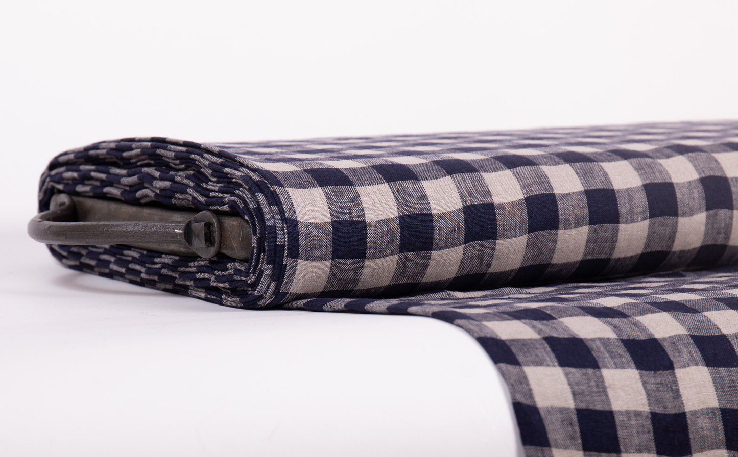 Navy Blue Gingham Linen Fabric (200 gsm)