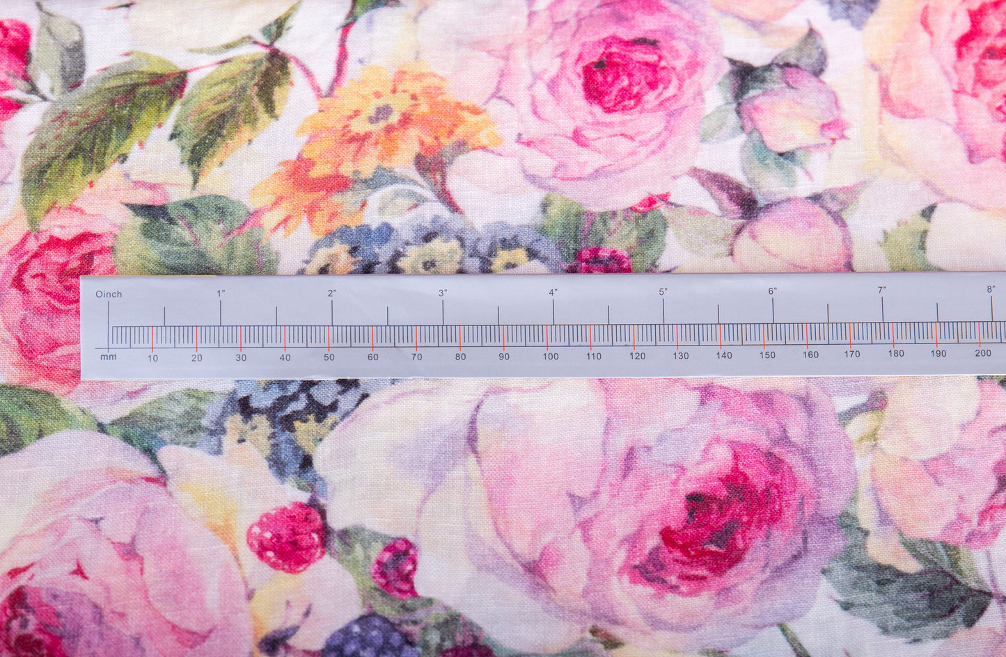 Roses Edelweiss Berries Linen Fabric