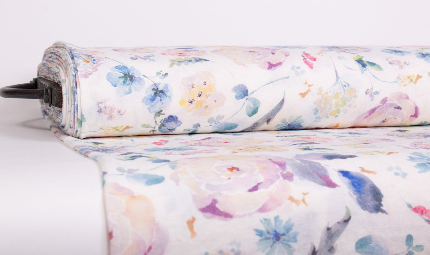 Linen Fabric Vintage Floral Print | Harebell Wild Rose