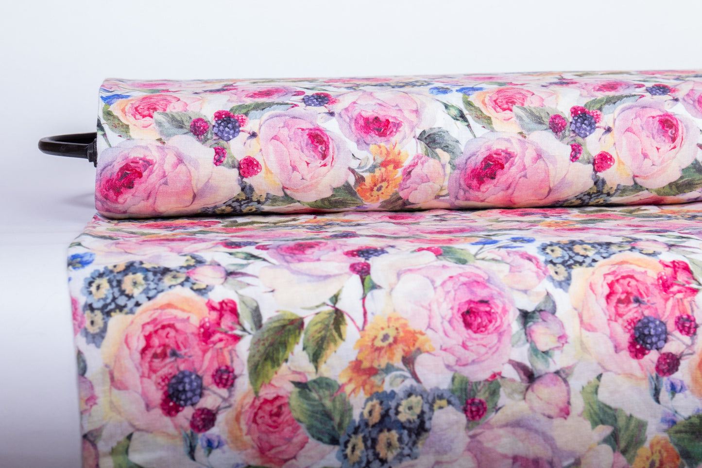 Roses Edelweiss Berries Linen Fabric