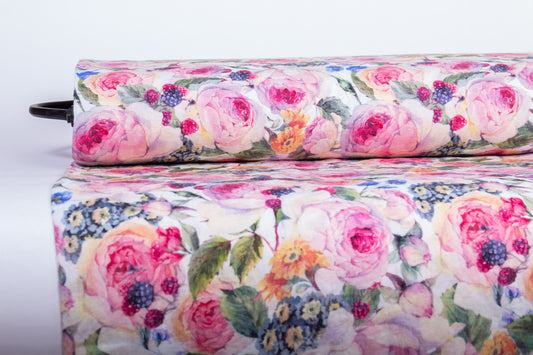 Roses Edelweiss Berries Linen Fabric
