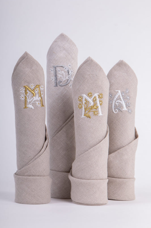Embroidered Linen Napkins | Initial & Flower