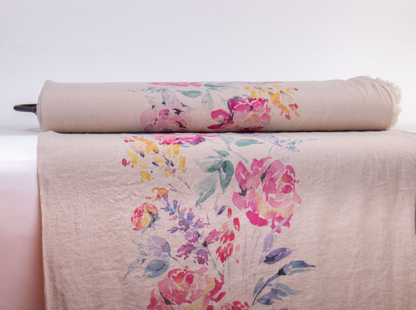 Linen Fabric Aquarelle Rose | Natural or Off-White Base