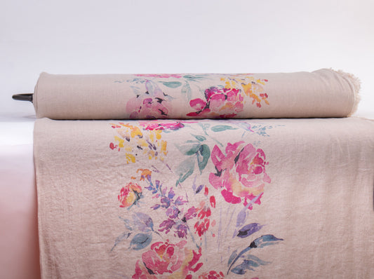 Linen Fabric Aquarelle Rose | Natural or Off-White Base