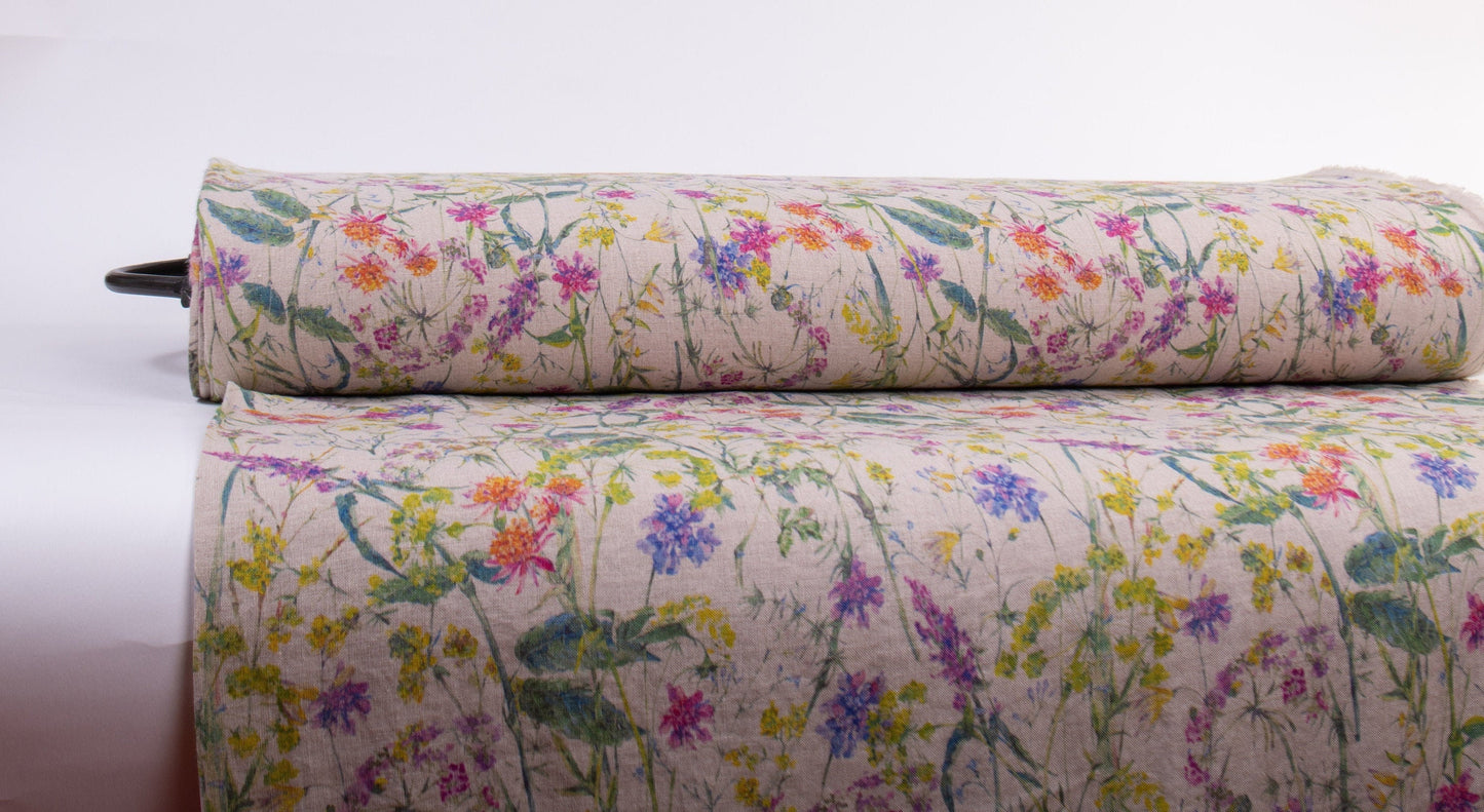 Linen Fabric Floral | FLOWERS FIESTA Natural