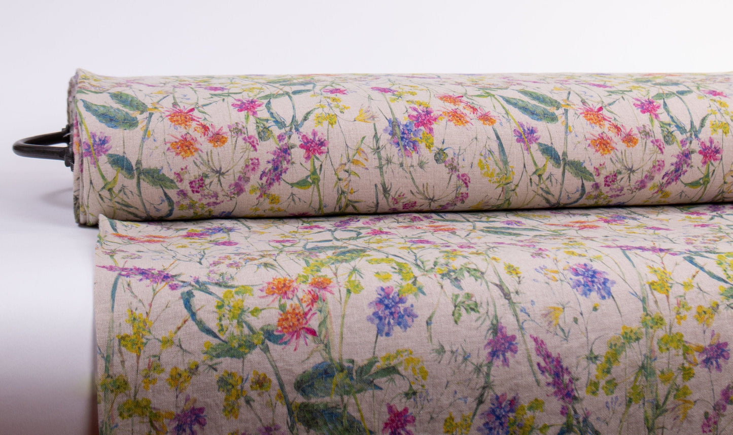 Linen Fabric Floral | FLOWERS FIESTA Natural
