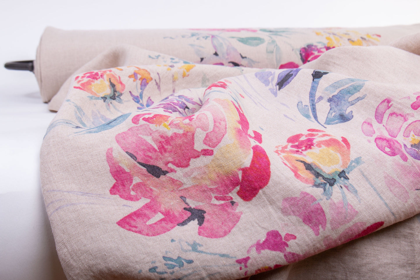 Linen Fabric Watercolor Rose | Natural Undyed
