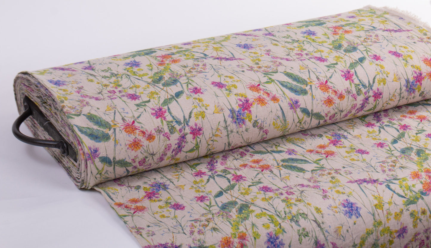 Linen Fabric Floral | FLOWERS FIESTA Natural