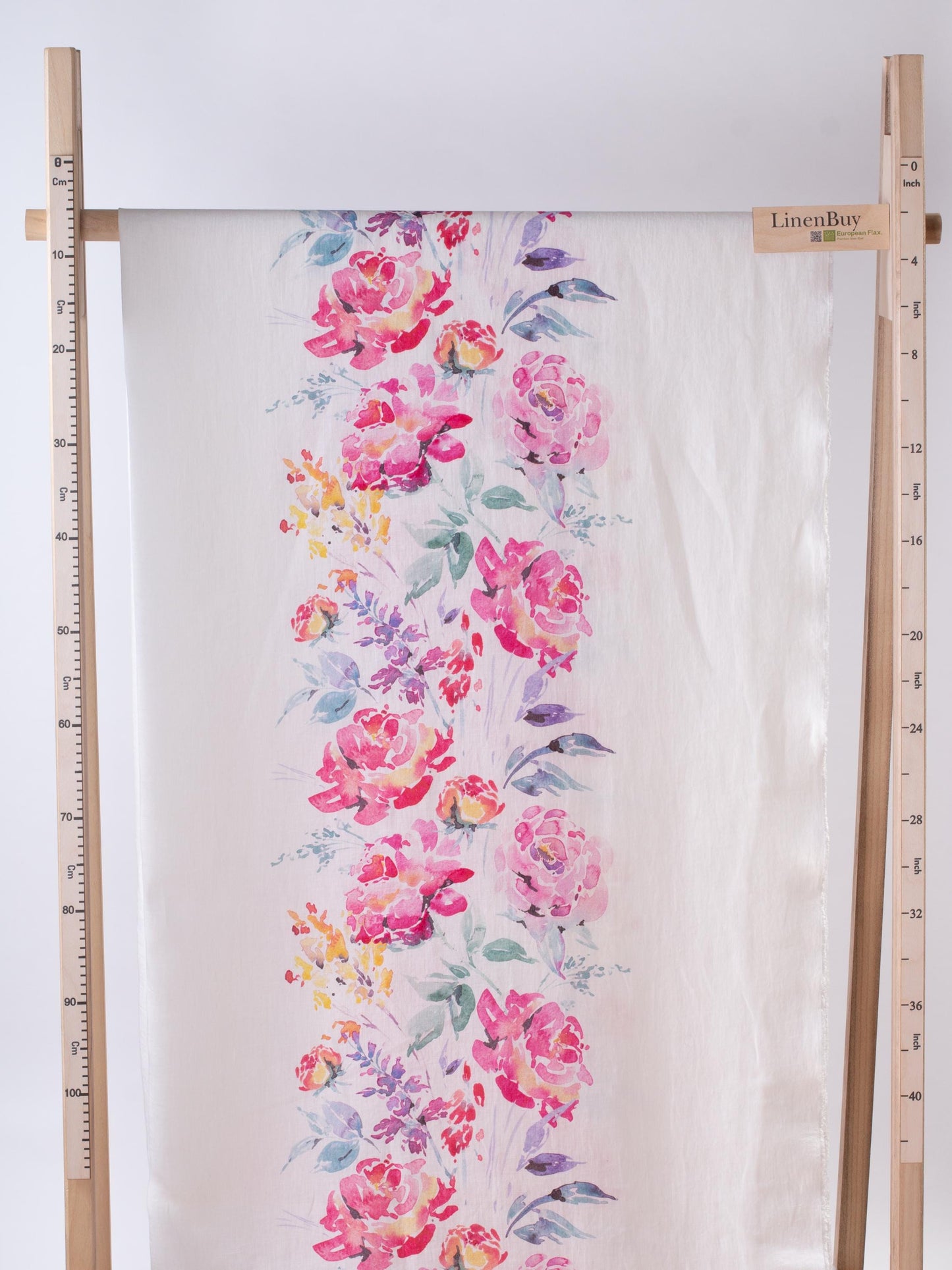 Linen Fabric Watercolor Rose | Off-White Base