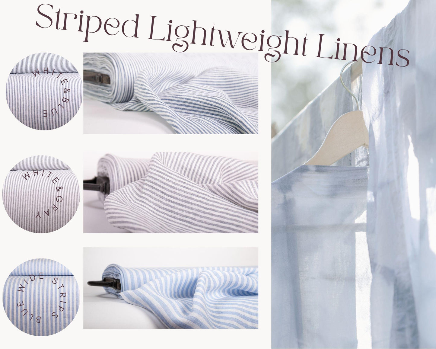 Off-White Blue Striped Linen Fabric - Lightweight European Flax