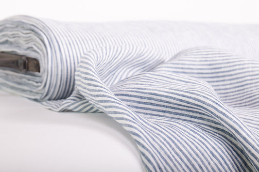 Off-White Blue Striped Linen Fabric - Lightweight European Flax