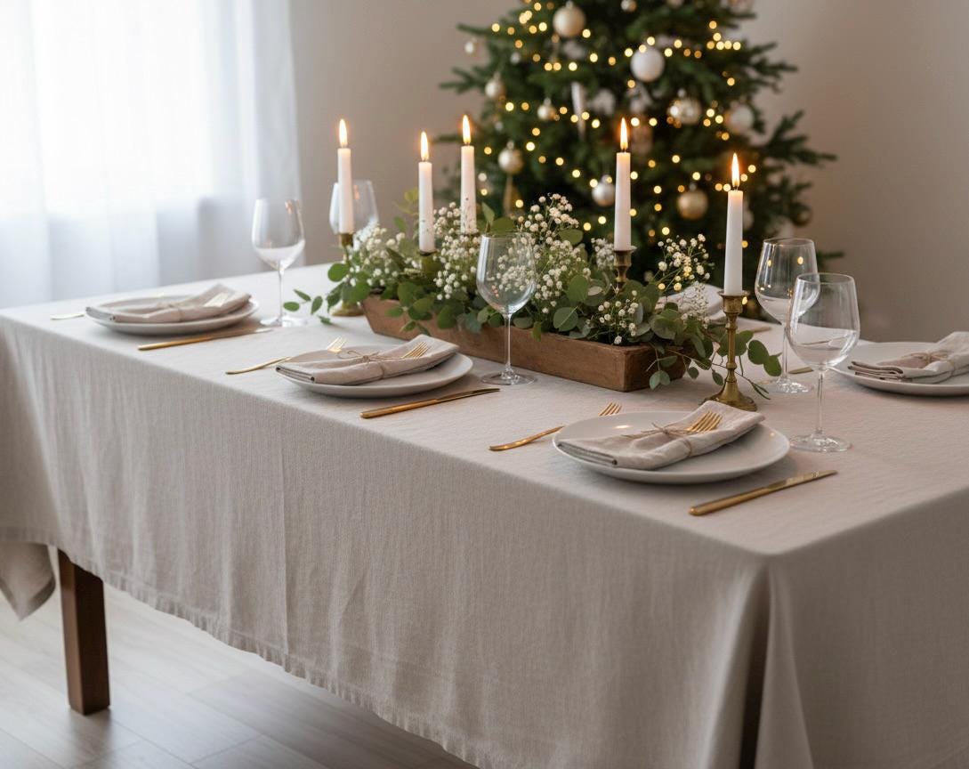 White and Undyed Linen Tablecloth