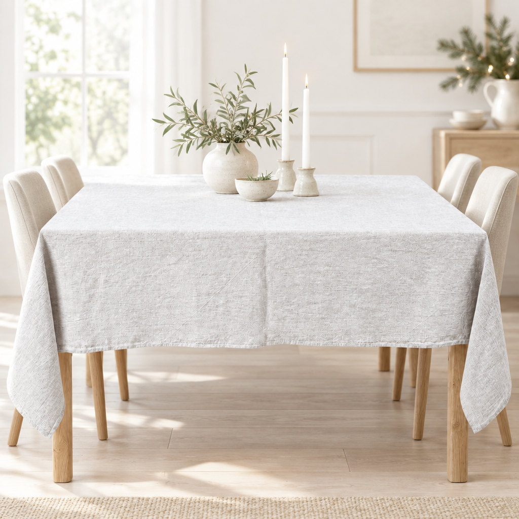 Light subtle festive setting featuring the washed linen tablecloth on a pale natural wood table