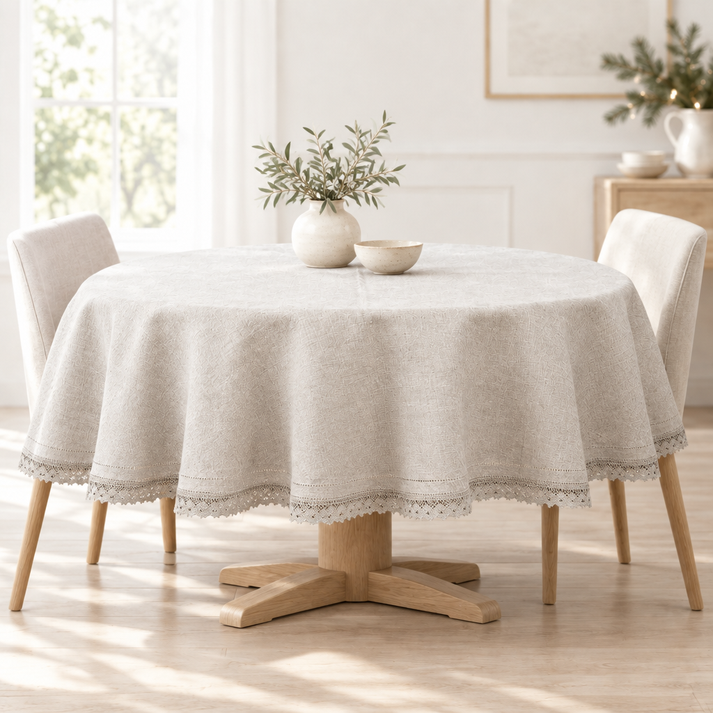 Round linen tablecloth styled on a round natural wooden dining table in a bright airy room