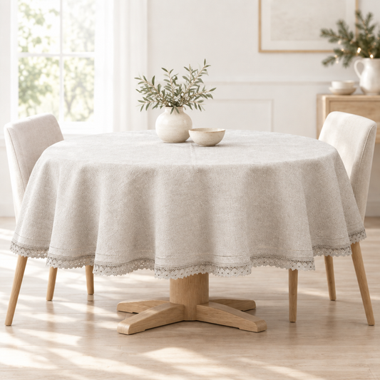 Round linen tablecloth styled on a round natural wooden dining table in a bright airy room